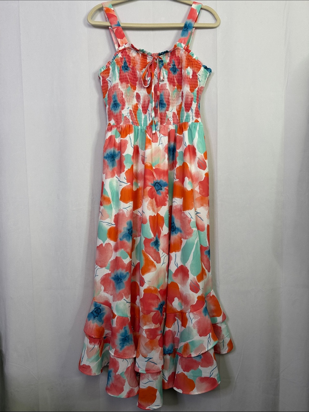 Grace Karin Floral Midi Lined Smocked Bodice Ruffle Hem Dress